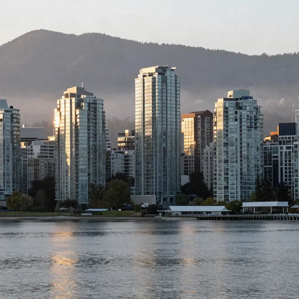 Downtown Vancouver above a calm inlet, mountains behind, golden dawn haze, open water below.