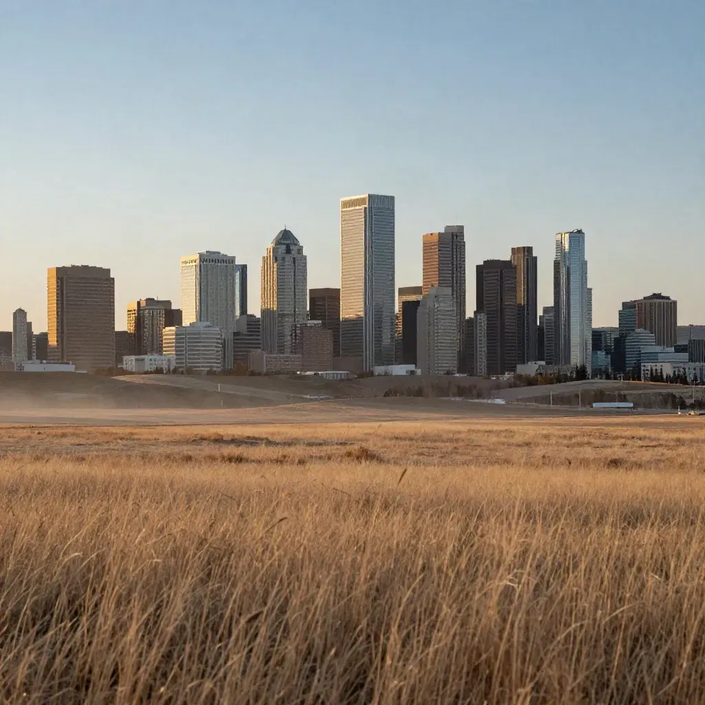 Calgary skyline above prairie grass and hazy foothills at sunset.