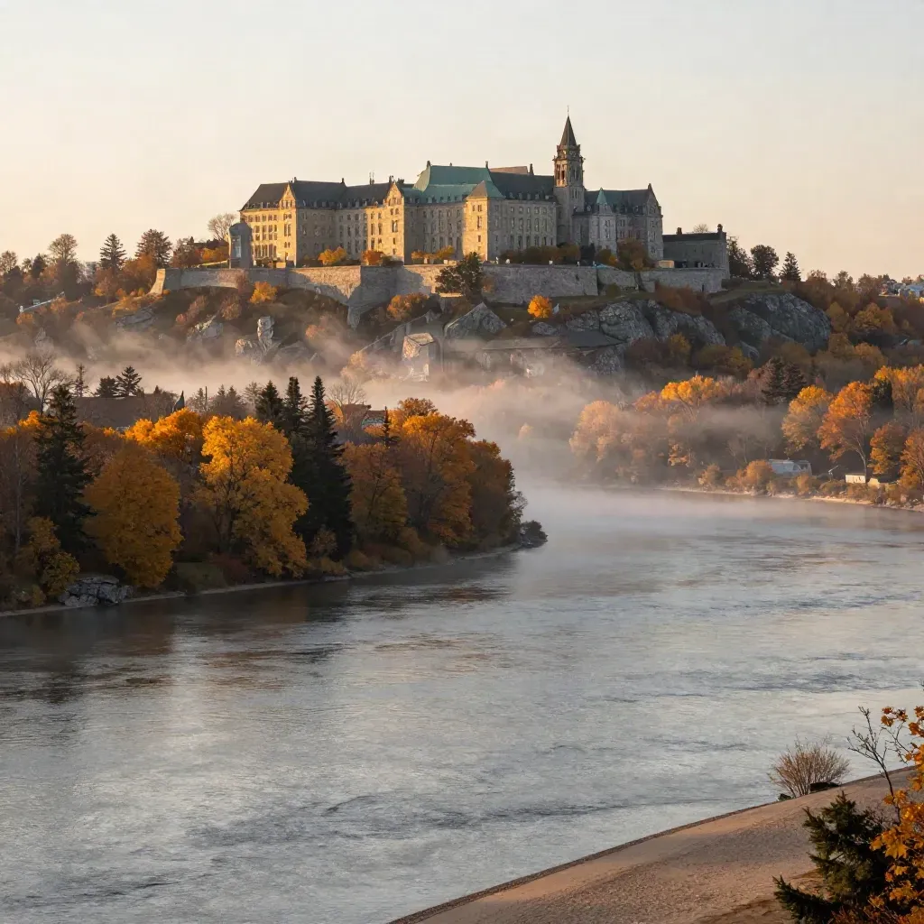 Parliament Hill above the Ottawa Valley river with mist and maple shoreline
