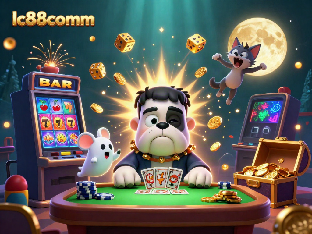 Engage with the exciting lc88comm gaming scene featuring a bulldog dealer, ghostly chips, and vibrant casino elements.