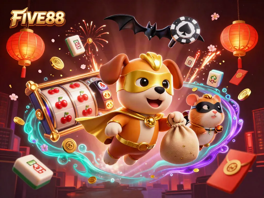 Experience immersive gaming with FIVE88 featuring a superhero dog in a dynamic casino adventure.