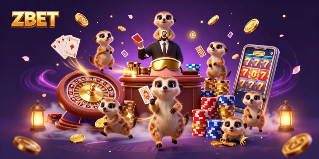 ZBET gaming scene with playful meerkats orchestrating casino operations and vibrant game elements