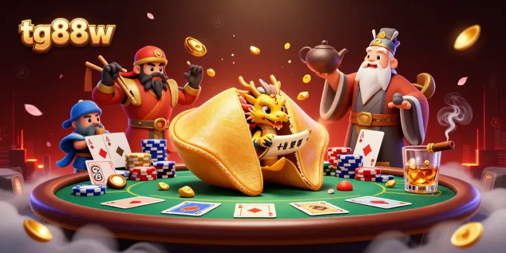 Engage with the exciting world of tg88w through a vivid 3D illustration showcasing dragon guardians and fortune cookies in a dynamic casino setting.
