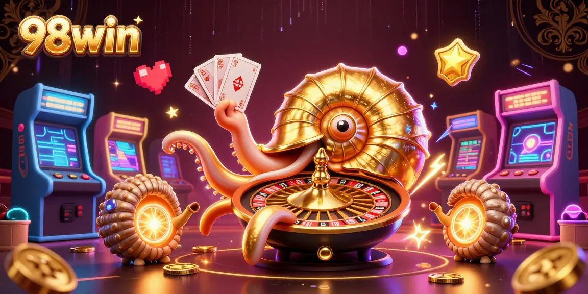 Play 98win in a vibrant casino scene with a giant nautilus and glowing game elements.
