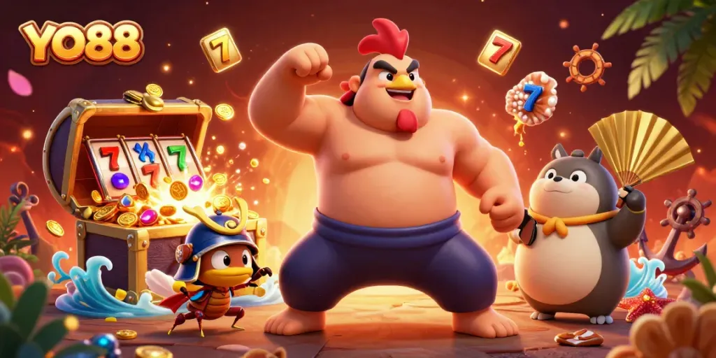 Experience thrilling slots at YO88 with powerful characters in a vibrant casino scene.