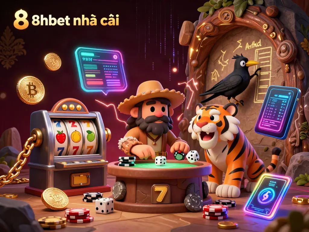 Experience a thrilling scene with 8xbet nhà cái showcasing prehistoric casino elements and cryptocurrency imagery dynamically illustrated.