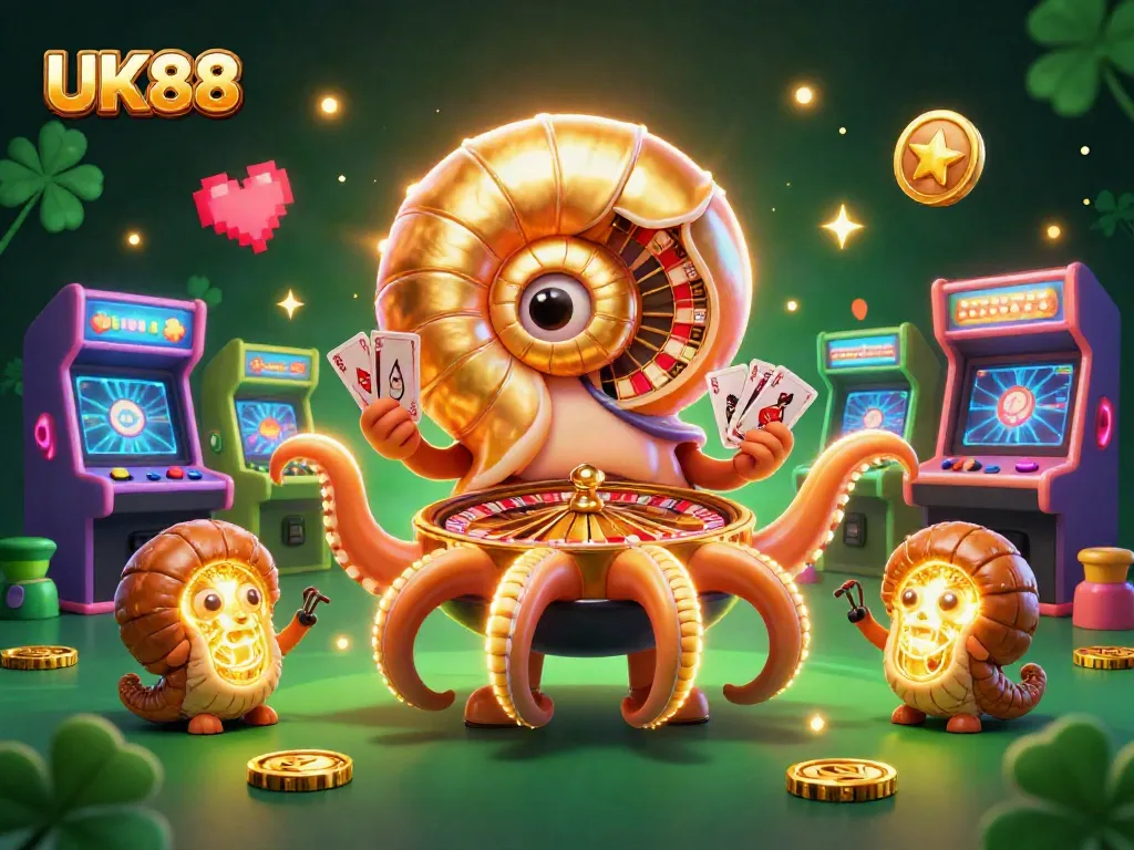 Engage with UK88 as a vibrant casino realm filled with games, golden nautilus, and glowing ammonites.