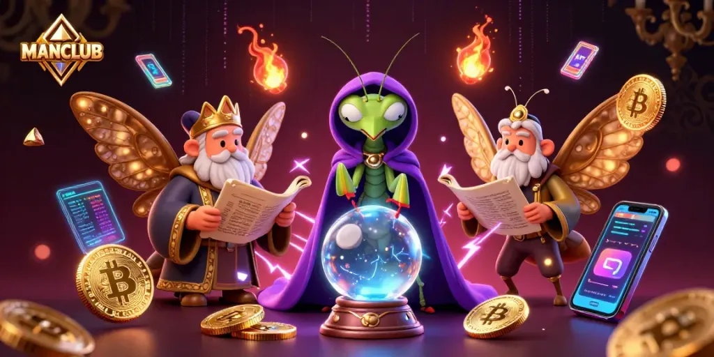 Engage with MANCLUB’s immersive casino experience featuring a fortune teller and crypto symbols.