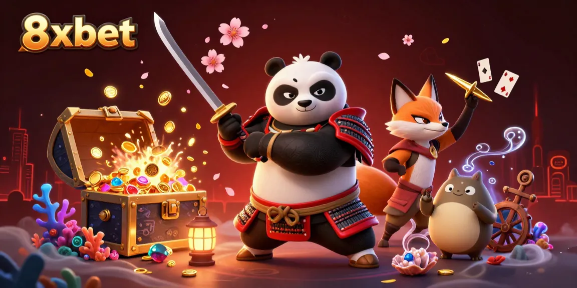 Experience the excitement of 8xbet with a vibrant 3D illustration featuring a samurai panda, ninja fox, and magical tanuki in action.