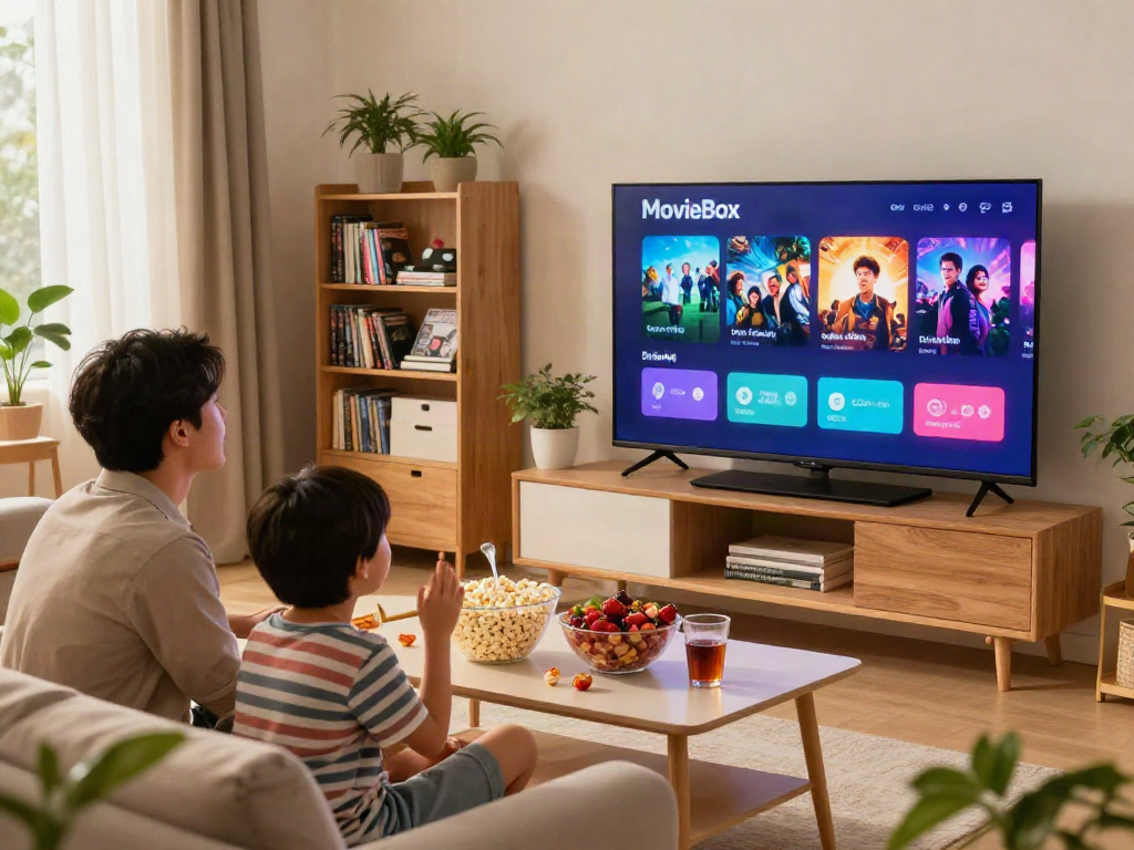 Family enjoying a cozy movie night using Movie Box download on their smart TV.