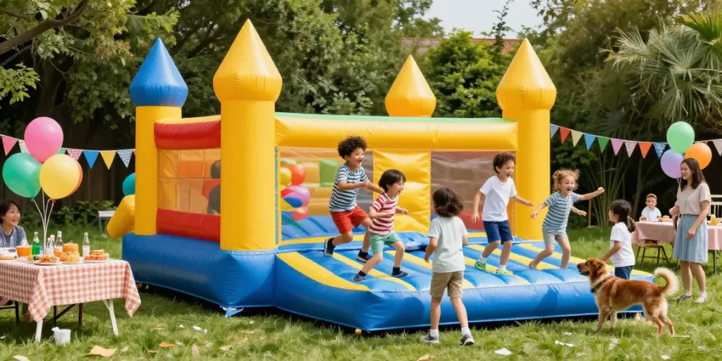 Children bouncing in a vibrant inflatable castle at a birthday party with colorful decorations and festive atmosphere.