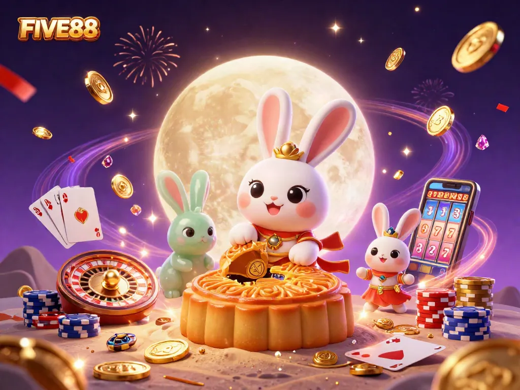 FIVE88 casino scene featuring a moon rabbit and poker chips, dynamic gaming celebration.