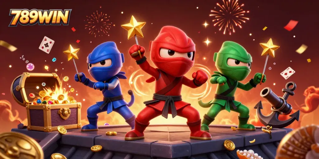 Bet on thrilling moments with 789WIN as ninja chameleons perform dynamic moves amidst treasure and cards.