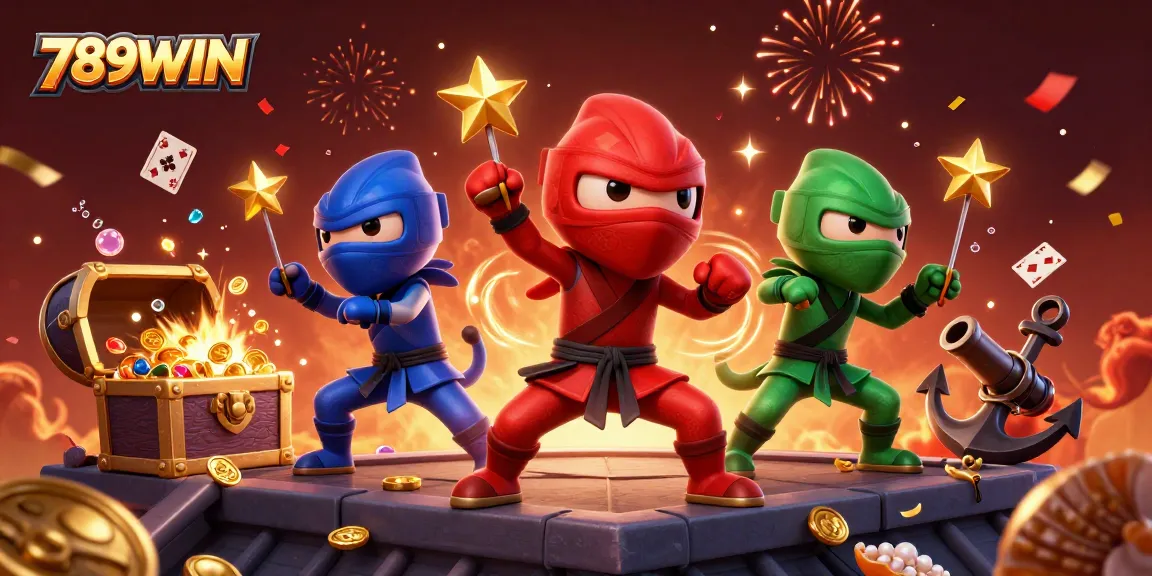 Bet on thrilling moments with 789WIN as ninja chameleons perform dynamic moves amidst treasure and cards.
