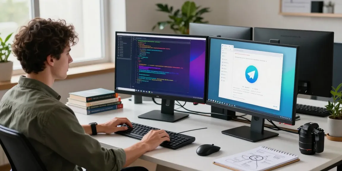 Telegram download workspace with developer coding on multiple screens, emphasizing tech innovation.