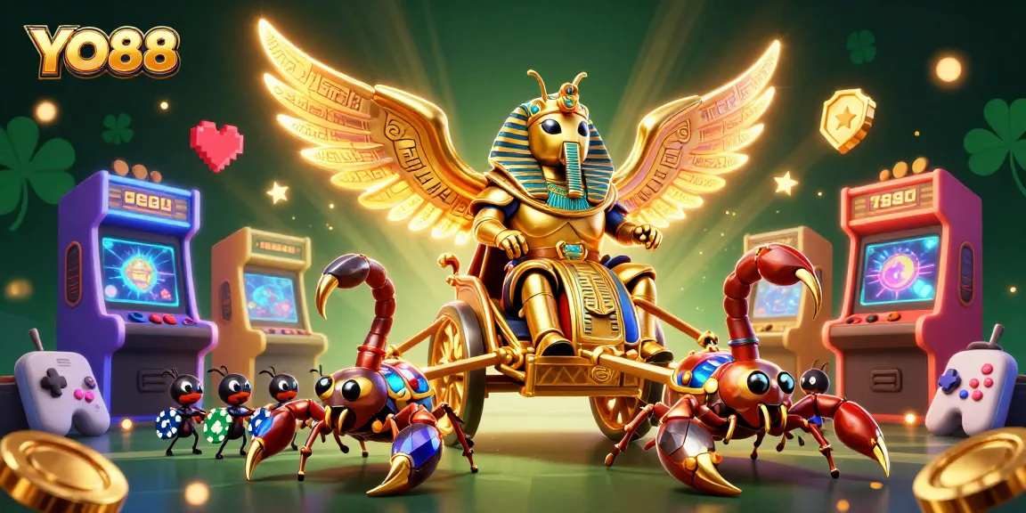 Engage with thrilling YO88 gaming adventures featuring a golden beetle in a vibrant casino scene.