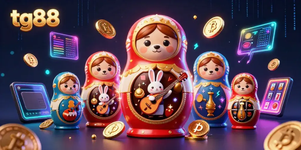 Experience tg88's vibrant casino essence with interactive bears and cryptocurrency elements lighting up the scene.