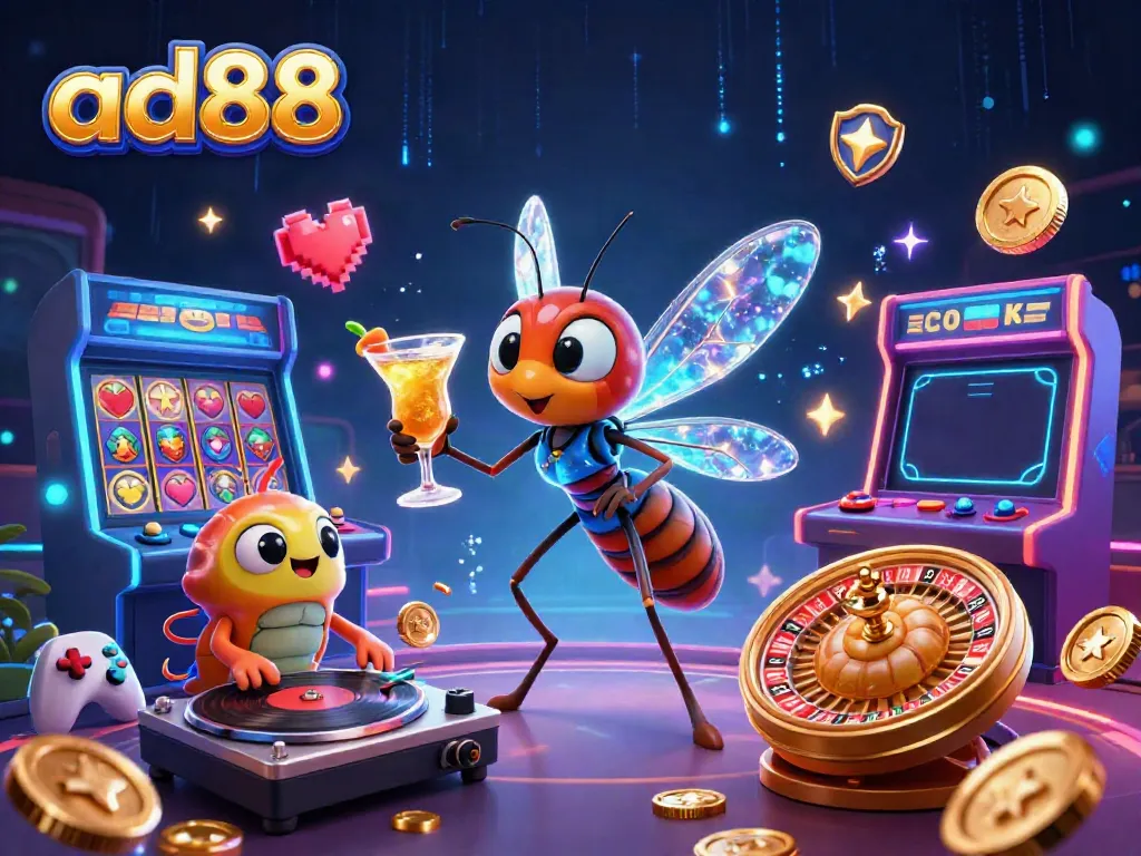 Experience thrilling gaming with ad88, featuring dynamic characters and casino elements in a vibrant 3D scene.