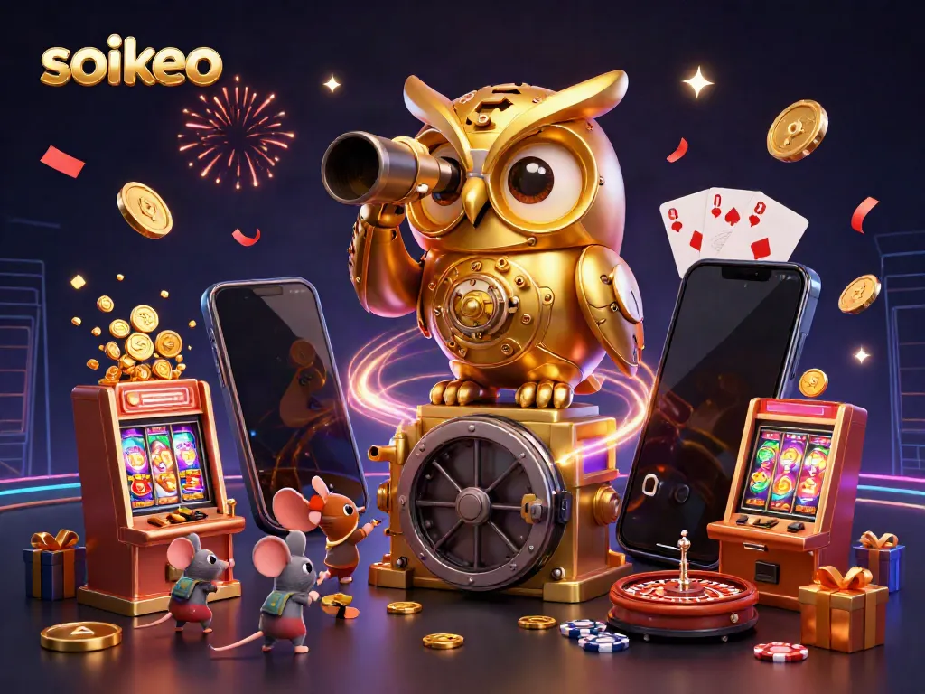 Engage with soikeo's vibrant casino extravaganza featuring a dynamic owl, slot machines, and cheerful characters.