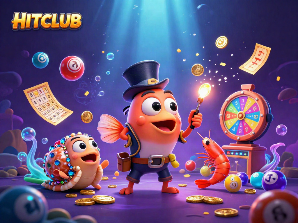 HITCLUB casts a fishing line of glimmering coins with dazzling characters in a rich gambling sea.