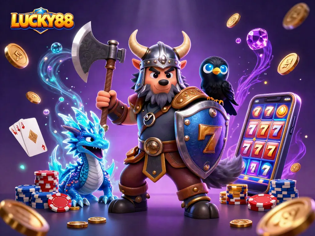 Spin the LUCKY88 slot reels in this vibrant 3D illustration filled with gold and gems.