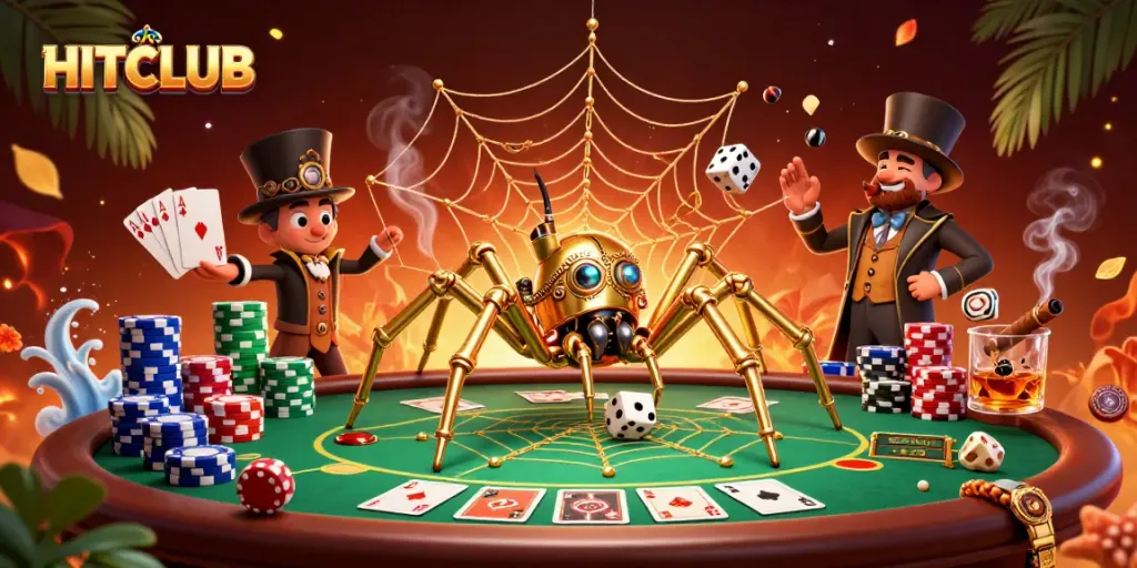 HITCLUB showcases a steampunk spider constructing a web of golden chains and poker chips in a dynamic casino scene.