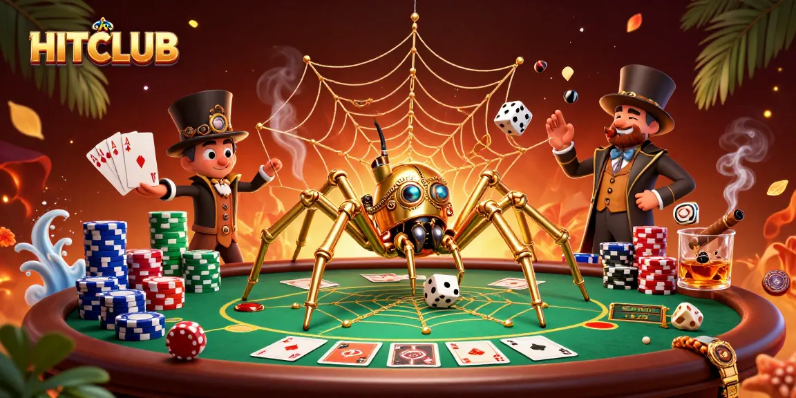 HITCLUB showcases a steampunk spider constructing a web of golden chains and poker chips in a dynamic casino scene.