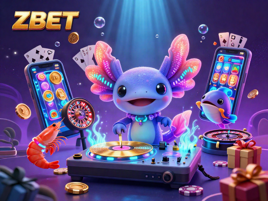 ZBET's electrifying casino scene featuring a vibrant axolotl DJ, slot games, and dynamic casino elements.